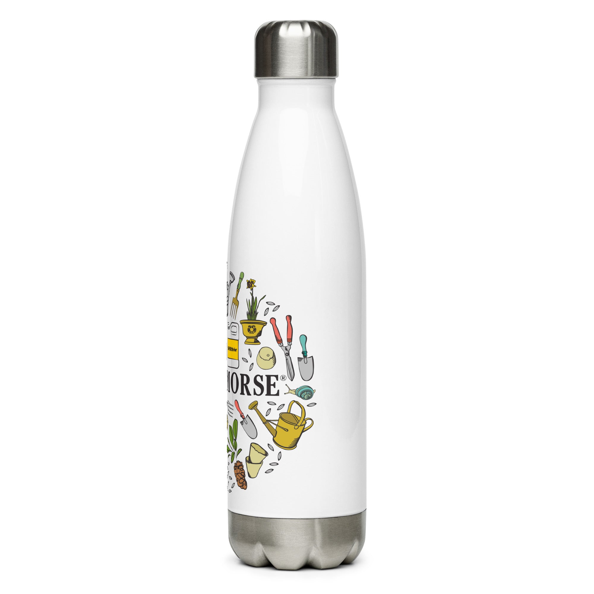A white stainless steel water bottle with a colorful logo featuring various items and plants, and the text 'Ferry-Morse'.